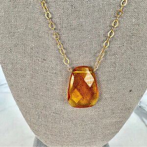 Honey Yellow Faceted Glass Pendant Necklace Delicate Chain Citrine Dangl…